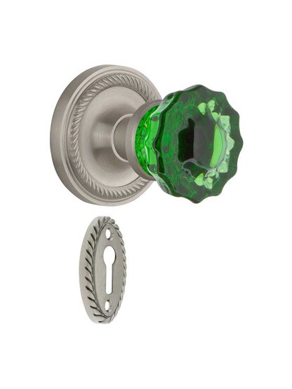 Rope Rosette Mortise Lock Set with Colored Fluted Crystal Glass Knobs Emerald in Satin Nickel.